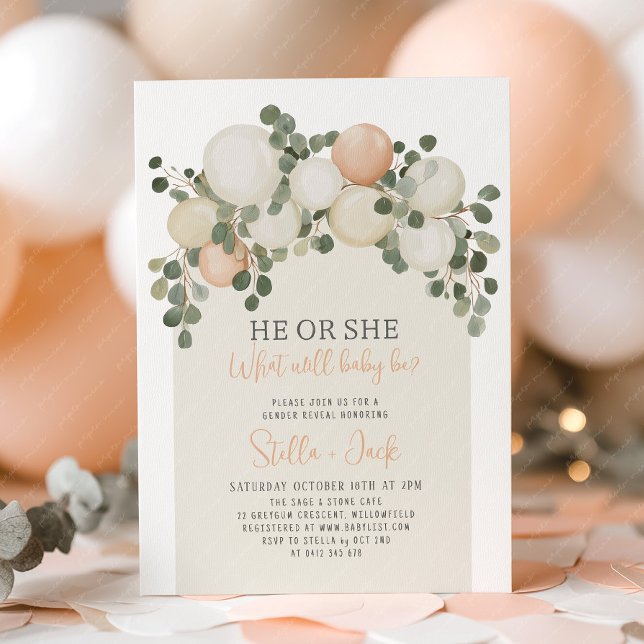 Convites Gender Reveal He or She Greenery Balloons  (He or She Gender Reveal Invitation | Sage green arch balloon garland invitation)