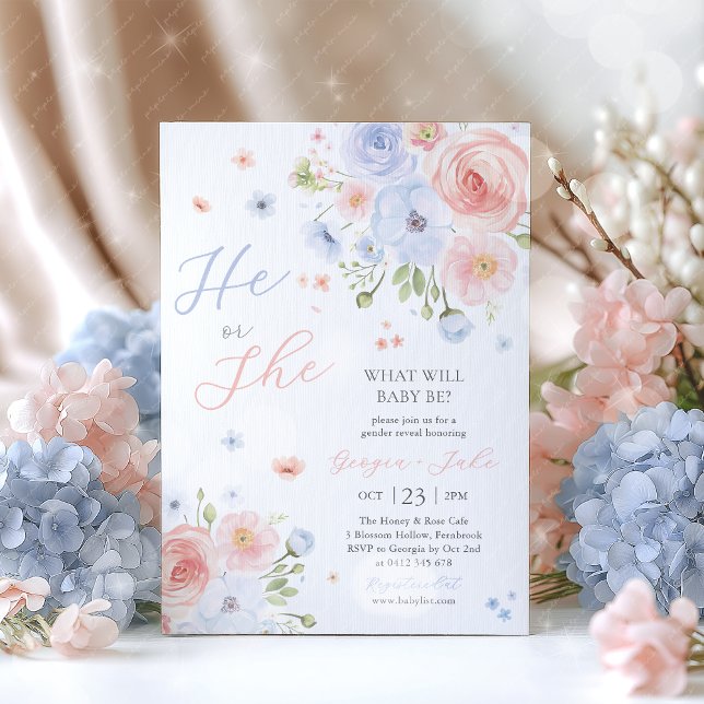 Convites Gender Reveal He or She Pink Blue Invitation (He or She what will baby be? Pink Blue floral gender reveal invitation)