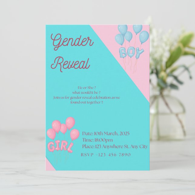Convites Gender reveal invitation  (Em pé/Frente)