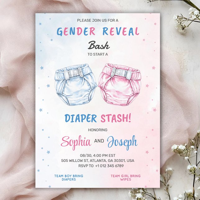 Convites Gender reveal invitation with "Bash" and "Diaper  (Criador carregado)