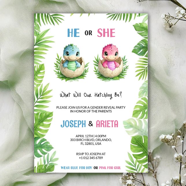 Convites Gender reveal invitation with cartoon dinosaur egg (Criador carregado)