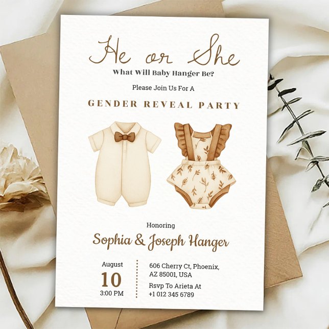 Convites Gender reveal party invitation with pastel outfits (Criador carregado)