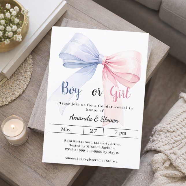 Convites Gender reveal pink blue bow boy girl (Criador carregado)