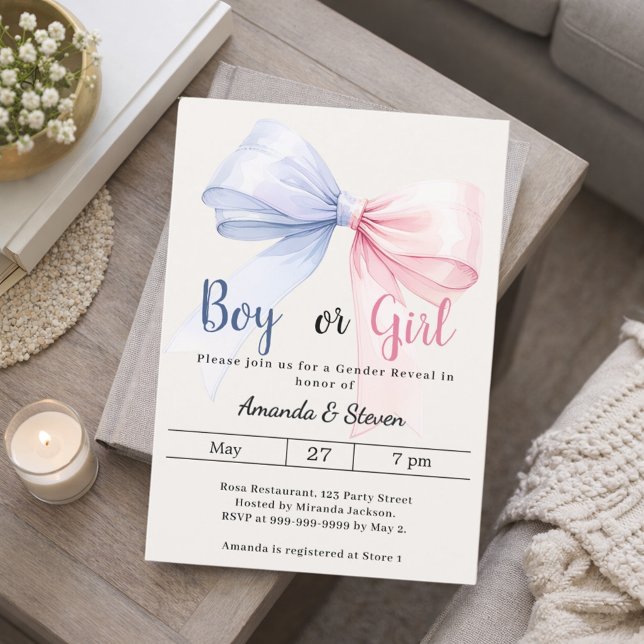 Convites Gender reveal pink blue bow ivory boy girl (Criador carregado)