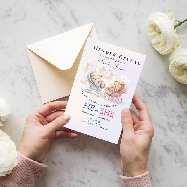 Convites Gender Reveal Stroller Teddies Invitation (Criador carregado)