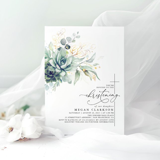 Convites Genérica Dourada Suculenta Deixa Cristãos Elegante (Succulents Greenery Christening Invitations)