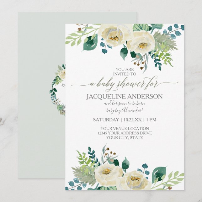 Convites Gênero Chá de fraldas neutro Aquarela Verde (Frente/Verso)