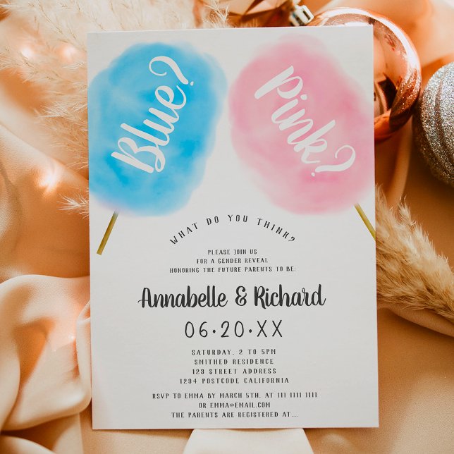 Convites Gênero giro moderno revela algodão doce rosa azul (Modern cute gender reveal blue pink cotton candy invitation)