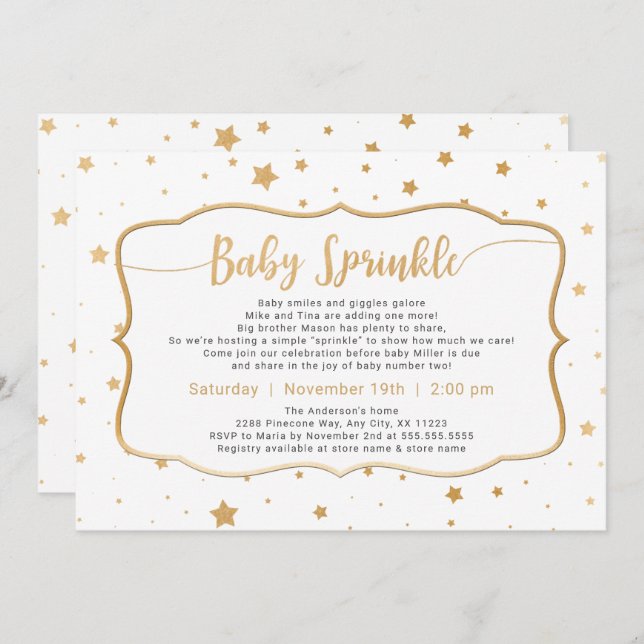 Convites Gênero neutro Xadrez para bebês - estrelas dourada (Frente/Verso)