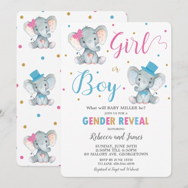 Convites Gênero Revela o bebê elefante ou a menina (Frente/Verso)
