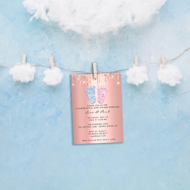 Convites Gênero Revela Pés Brilhante Cor-de-rosa Blue Dribl (Gender Reveal Feet Glitter Pink Blue Drip Boy Girl Invitation)