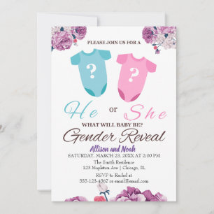 Convites Gênero revela Roxo e branco floral elegante