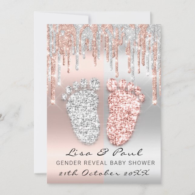 Convites Gênero Revelam Pés Gotas de Prata Rosa Menino (Verso)