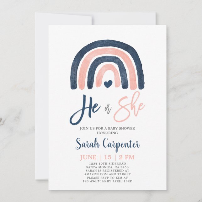 Convites Gênero Revelar chá azul-arco-íris e rosa (Frente)