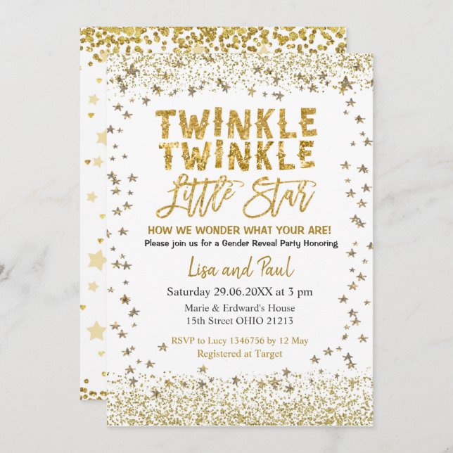 Convites Gênero Revelar Pequeno Chá de fraldas de Estrelas  (Frente/Verso)