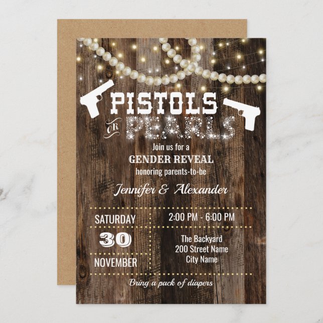 Convites Gênero Revelar pistolas ou Pérolas (Frente/Verso)