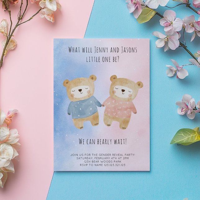 Convites Gênero Revelar ursos bonitos Ursos cor-de-rosa est (Cute sleepy bears in pink and blue gender reveal invitation card. The card says "we can bearly wait.)