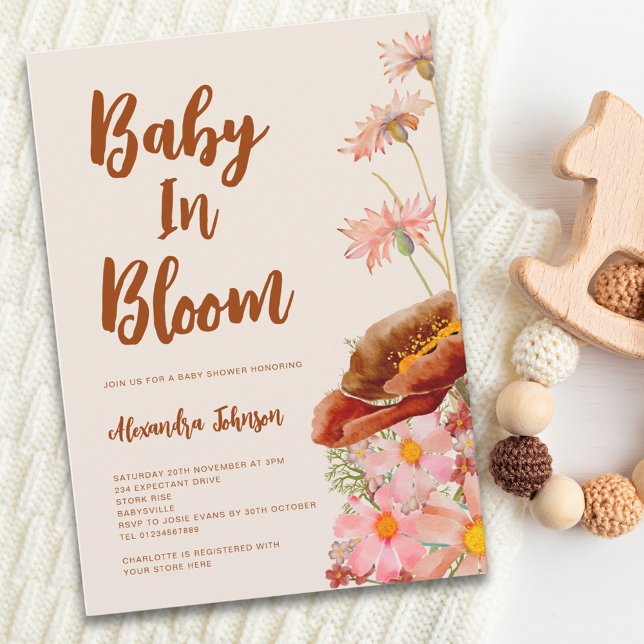 Convites Gênero selvagem Chá de fraldas neutro de queda (Wildflower baby in bloom gender neutral fall baby shower with watercolor florals and elegant script)