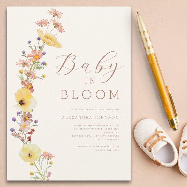 Convites Gênero selvagem Chá de fraldas neutro de queda (Baby in bloom elegant watercolor wildflowers baby shower invitation )