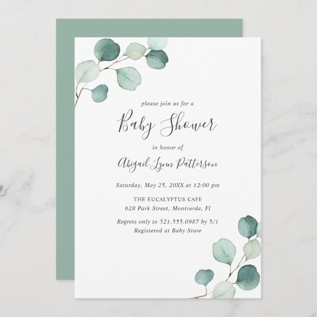 Convites Gênero Verde Neutro Eucalyptus Chá de fraldas (Frente/Verso)