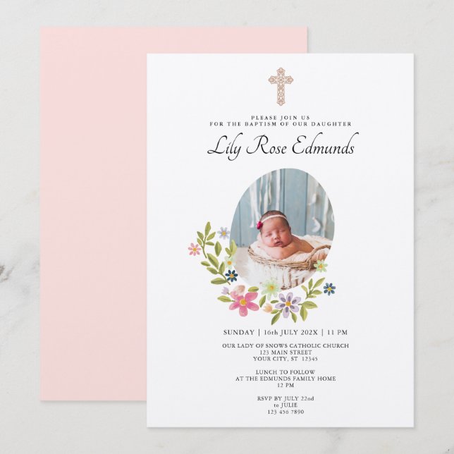 Convites Gentle Pink Floral Baptism Invitation (Frente/Verso)