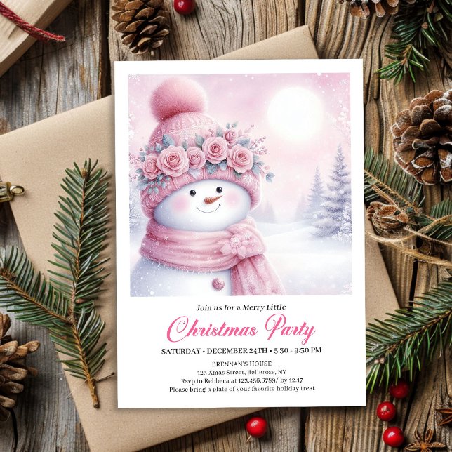 Convites Gentle Pink Snowman Editable Kids Christmas Invite (Gentle Pink Snowman Editable Kids Christmas Invite File)