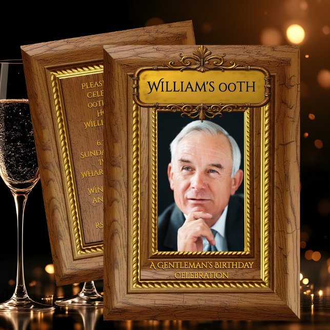 Convites Gentlemen Elegant Rustic Gold Wood Photo Birthday (Criador carregado)