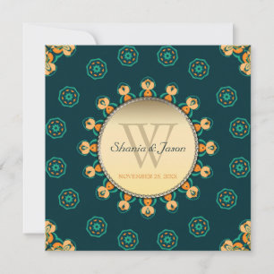 Convites Geo Gems Circle Monograma Teal Dourado Casamento