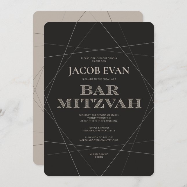 Convites Geo Modern Silver Bar Mitzvah (Frente/Verso)