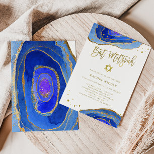 Convites Geode Azul com Cor da Água com Dourado   Bat Mitzv