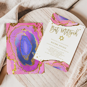 Convites Geode rosa e azul com Dourado  Bat Mitzvah