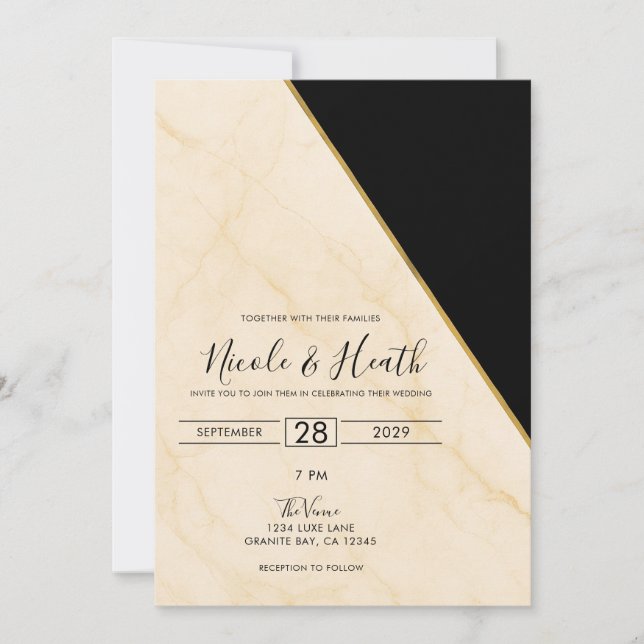 Convites Geometria Dourada Luxo Marmore Ivory e Dourado Con (Frente)