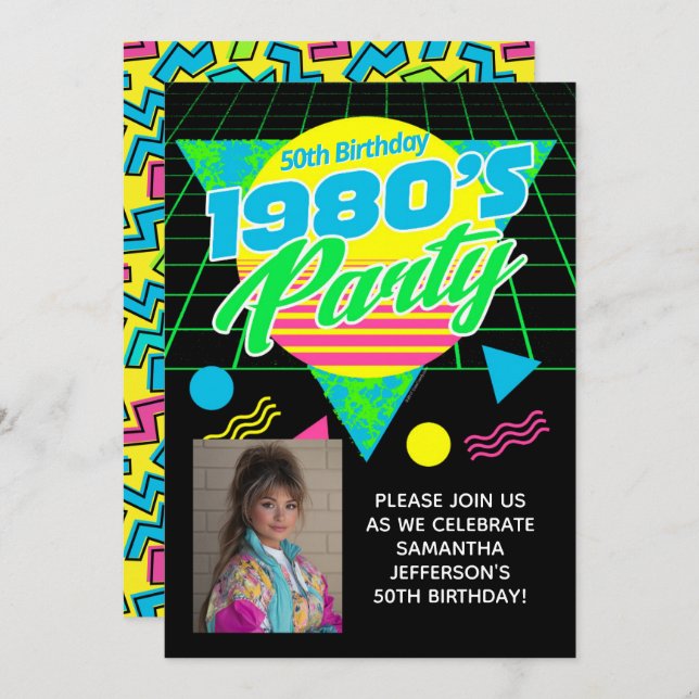 Convites Geometric 1980s 80s 50th Photo Birthday Party (Frente/Verso)