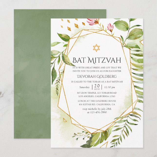 Convites Geometric Crystal Greenery Bat Mitzvah (Frente/Verso)