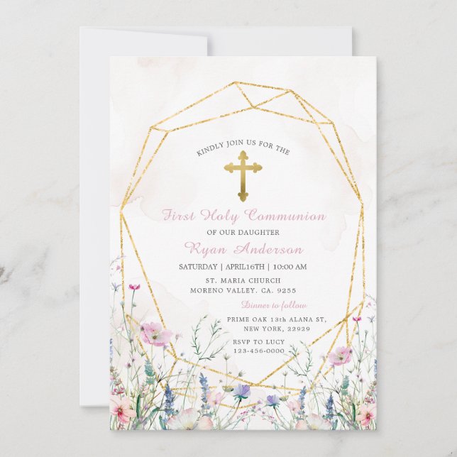 Convites Geométrica de Wildflower Primeira Comunhão Sagrada (Frente)