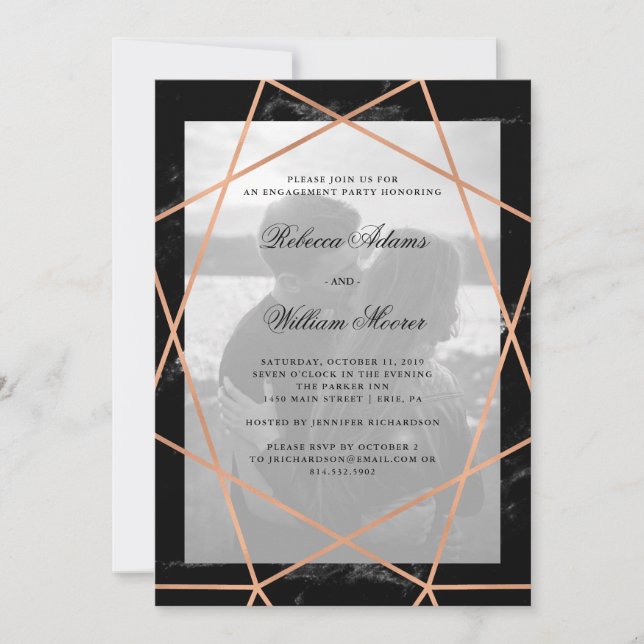 Convites Geométrica no Marble Preto| Festa de noivado de fo (Frente)