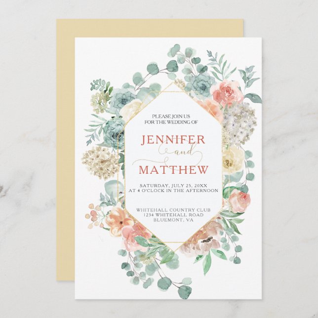 Convites Geométrico Apricot em colapso - Fundo Dourado maci (Frente/Verso)