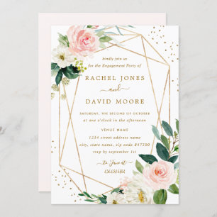 Convites Geométrico cora a festa de noivado floral Dourado