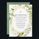 Convites Geométrico Crystal Greenery Bat Mitzvah<br><div class="desc">Trendy bat mitzvah convida com moldura geométrica dourada e lavagem de cor d'água verde sage inversa projetada para ser rápida e facilmente personalizada de acordo com as especificações do seu evento.</div>