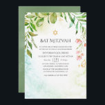 Convites Geométrico Crystal Greenery Bat Mitzvah<br><div class="desc">Trendy greenery bat mitzvah convida com moldura geométrica dourada e lavagem de cor d'água verde sage inversa projetada para ser rápida e facilmente personalizada de acordo com as especificações de seu evento.</div>