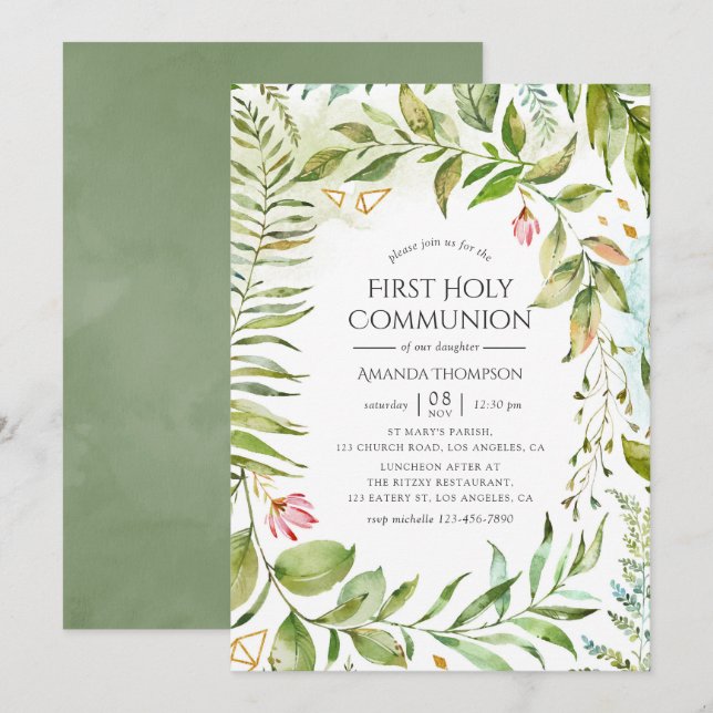 Convites Geométrico Crystal Greenery Primeira Comunhão Sagr (Frente/Verso)