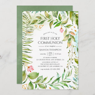 Convites Geométrico Crystal Greenery Primeira Comunhão Sagr