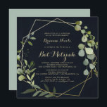 Convites Geométrico Dourado - Bat Mitzvah - Caligrafia Verd<br><div class="desc">Este convite de morcego mitzvah verde-azul-geométrico é perfeito para um simples bat mitzvah. A design apresenta lindas folhas verdes pintadas manualmente em um fundo azul escuro,  enfeitando uma armação geométrica dourada.</div>