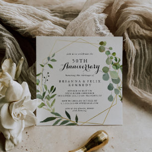 Convites Geométrico Dourado Tropical 50º Aniversário de Cas