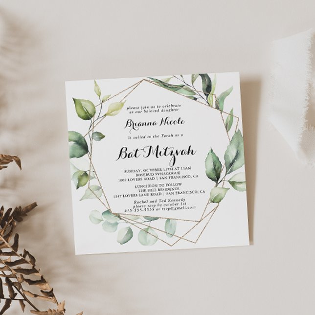 Convites Geométrico Elegante Dourado Greenery Bat Mitzvah (Criador carregado)