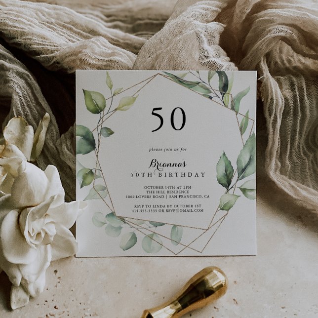 Convites Geométrico Elegante Dourado Verde 50ª Festa de ani (Criador carregado)