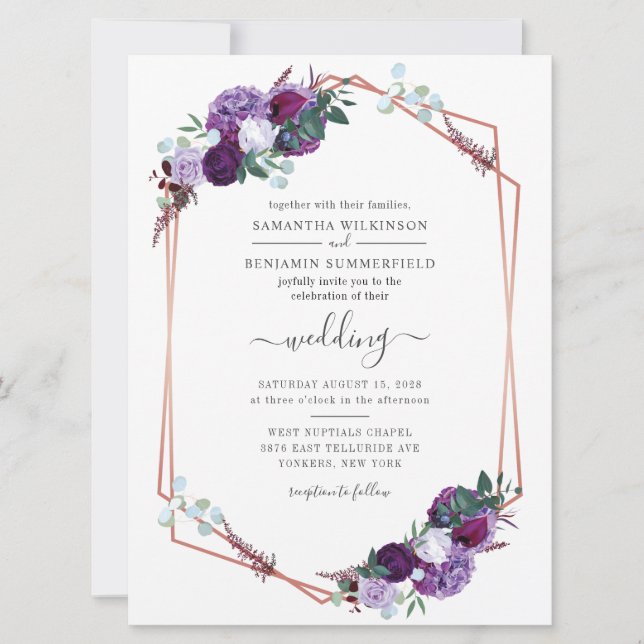 Convites Geométrico Floral Verde Botânico Casamento Roxo (Frente)