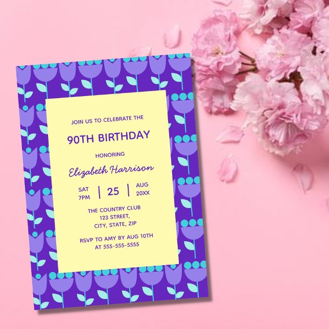 Convites Geométrico Retro Flower Bauhaus Purple Birday (Criador carregado)