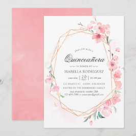 Convites Geométrico Rosa Flor de Cerejeira Primavera Quince