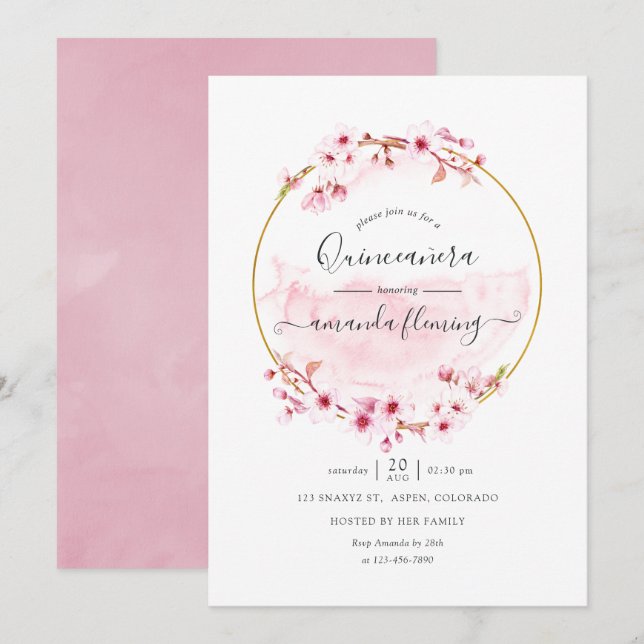 Convites Geométrico Rosa Flor de Cerejeira Primavera Quince (Frente/Verso)
